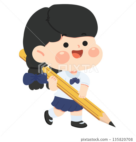 Girl Holding a Large Pencil Illustration Girl Holding a Large Pencil Illustration 135820708