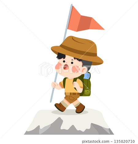 Young Explorer with Flag on Mountain Peak Young Explorer with Flag on Mountain Peak 135820710
