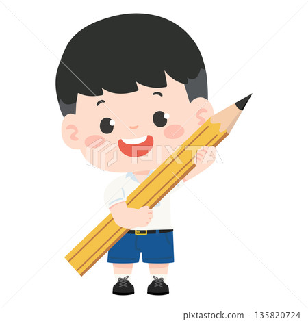 Boy Holding Large Pencil Illustration Boy Holding Large Pencil Illustration 135820724
