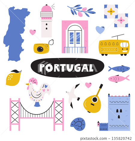 Portugal Colorful Design with Landmarks, Culture and Cute Symbols. Flat Vector Travel Design Portugal Colorful Design with Landmarks, Culture and Cute Symbols. Flat Vector Travel Design 135820742