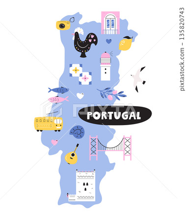 Portugal Illustrated Map with Landmarks, Culture and Cute Symbols. Flat Vector Travel Design Portugal Illustrated Map with Landmarks, Culture and Cute Symbols. Flat Vector Travel Design 135820743