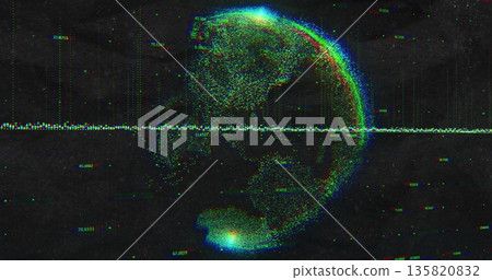 Spinning 3D point-cloud hemisphere in space with horizontal data line numeric labels, RGB artifacts Spinning 3D point-cloud hemisphere in space with horizontal data line numeric labels, RGB artifacts 135820832
