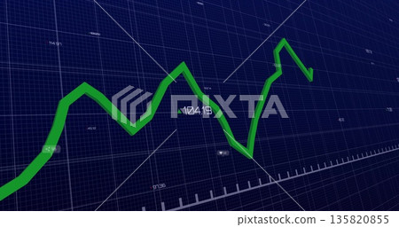 Displaying green line chart rising and falling across grid screen, showing label 104 Displaying green line chart rising and falling across grid screen, showing label 104 135820855