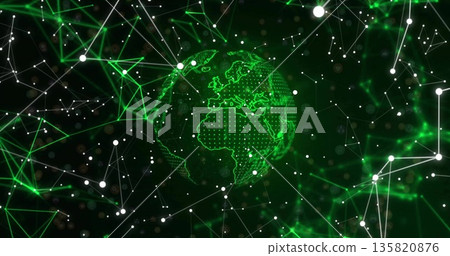 Hovering neon-green wireframe globe showing Europe, Africa in network with glowing mesh and nodes 135820876