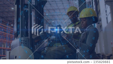 Reviewing tablet, two warehouse workers sitting on forklift in warehouse, with racks, data overlay Reviewing tablet, two warehouse workers sitting on forklift in warehouse, with racks, data overlay 135820881