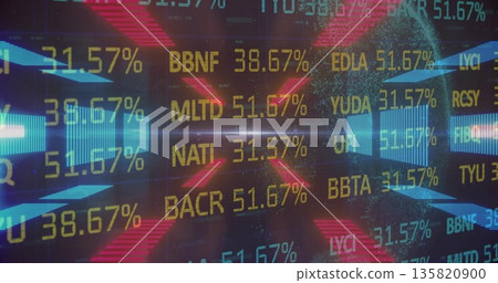 Central ticker codes and percents floating in dashboard with glitch arrows X shapes and lens flare Central ticker codes and percents floating in dashboard with glitch arrows X shapes and lens flare 135820900