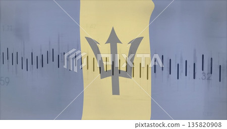 Blending black trident symbol over Barbados flag stripes, featuring bar charts and numeric labels Blending black trident symbol over Barbados flag stripes, featuring bar charts and numeric labels 135820908