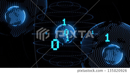 Rotating sphere point-matrices spinning in network space with binary bits 0 and 1, concentric rings 135820926
