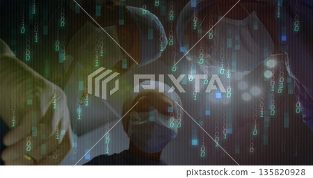 Performing surgery, surgical team operating in operating room, with binary code overlay Performing surgery, surgical team operating in operating room, with binary code overlay 135820928