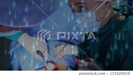 Performing surgery surgeon using scalpel on patient at OR table, with binary overlay, copy space Performing surgery surgeon using scalpel on patient at OR table, with binary overlay, copy space 135820929