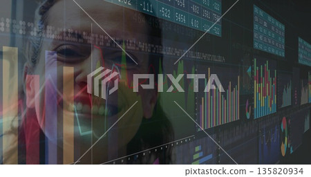 Smiling professional woman analyzing financial data on digital dashboard in workspace, copy space Smiling professional woman analyzing financial data on digital dashboard in workspace, copy space 135820934