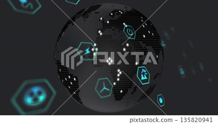 Dot-matrix globe rotating in lab, cyan hex frames power lightning flask propeller icons datapoints Dot-matrix globe rotating in lab, cyan hex frames power lightning flask propeller icons datapoints 135820941
