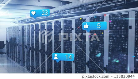 Displaying server racks streaming binary digits at data center, showing blue notification icons 135820944