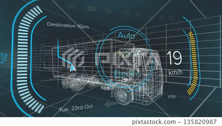 Showing wireframe truck and trailer in 3D grid, with circular mode selector UI and speedometer Showing wireframe truck and trailer in 3D grid, with circular mode selector UI and speedometer 135820987