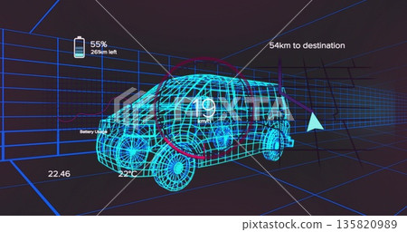 Displaying bright cyan wireframe van model floating within grid environment, with HUD overlays Displaying bright cyan wireframe van model floating within grid environment, with HUD overlays 135820989