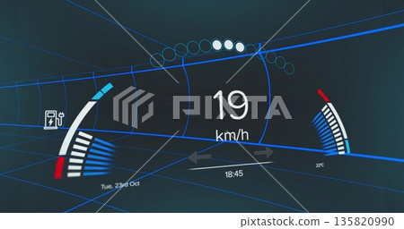Displaying speedometer showing 19 km or h in virtual cockpit, with gauges, icons and readouts Displaying speedometer showing 19 km or h in virtual cockpit, with gauges, icons and readouts 135820990