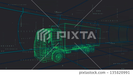 Spinning neon green semi-truck wireframe inside 3D grid tunnel, featuring floating binary code Spinning neon green semi-truck wireframe inside 3D grid tunnel, featuring floating binary code 135820991