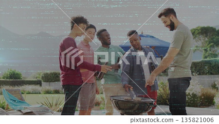 Grilling five friends using tongs cooking food patio beside pool, with charcoal grill, beer bottles Grilling five friends using tongs cooking food patio beside pool, with charcoal grill, beer bottles 135821006