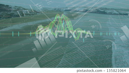 Displaying translucent waveform graph over coastal aerial scene, with bar charts gauges grid lines Displaying translucent waveform graph over coastal aerial scene, with bar charts gauges grid lines 135821064