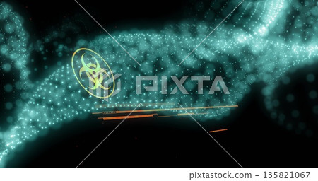 Twisting turquoise particle wave flowing diagonally in void, with biohazard symbol and gold bars 135821067