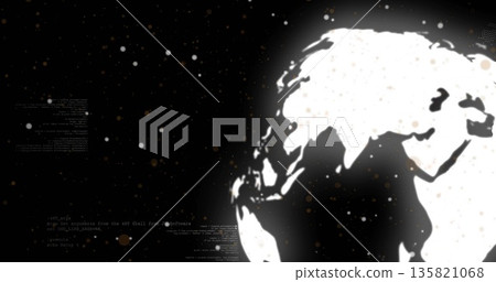 Spinning digital globe projecting code fragments and scattered light particles in space, copy space Spinning digital globe projecting code fragments and scattered light particles in space, copy space 135821068