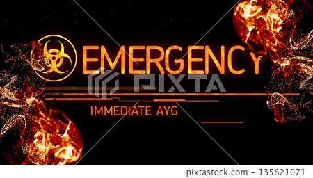Displaying biohazard symbol, EMERGENCY and IMMEDIATE AYG on alert interface among swirling spheres 135821071