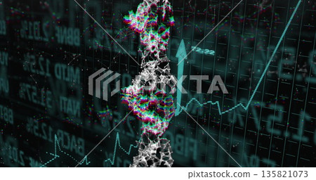 Glitch double helix floating in trading dashboard, with up arrow, candlestick and line chart data 135821073