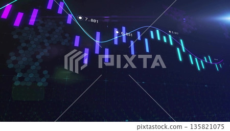 Animating chart showing bars and line on dashboard, with labels over honeycomb and lens flare 135821075