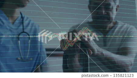 Doctor in scrubs advising patient with cane in clinic, stethoscope, digital line graph, copy space Doctor in scrubs advising patient with cane in clinic, stethoscope, digital line graph, copy space 135821123