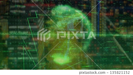 Floating green holographic head in digital space showing grid or net lines, waveform and data overla Floating green holographic head in digital space showing grid or net lines, waveform and data overla 135821152