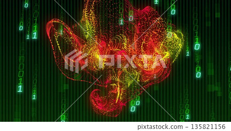 Swirling glowing particle cloud hovering in virtual matrix, with binary digits and code streams Swirling glowing particle cloud hovering in virtual matrix, with binary digits and code streams 135821156