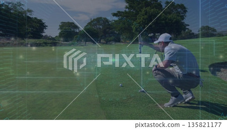 Squatting golfer in polo shirt aligning putt on putting green, with HUD overlays, copy space Squatting golfer in polo shirt aligning putt on putting green, with HUD overlays, copy space 135821177