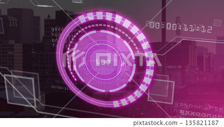 Displaying circular HUD overlay on city skyline, with segmented rings, 607 readout and code strings 135821187