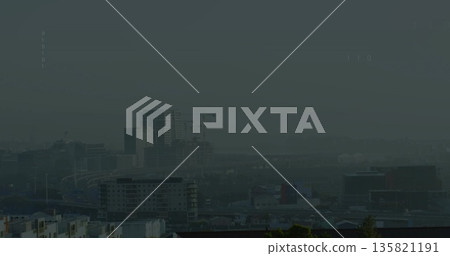 Showing skyline featuring mid-rise apartments, highways on hazy city outskirts, with cranes looming 135821191