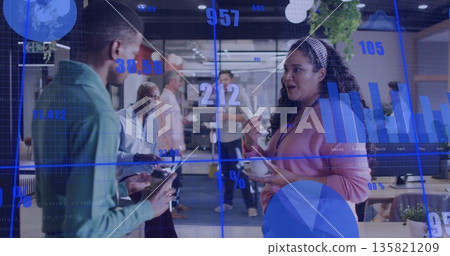 Chatting woman in sweater holding coffee in office lounge, glass partition showing data, copy space Chatting woman in sweater holding coffee in office lounge, glass partition showing data, copy space 135821209