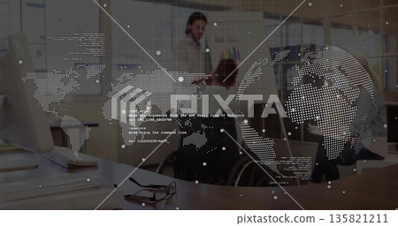 Presenting male trainer gesturing toward flipchart in office, with wheelchair and world-map overlay Presenting male trainer gesturing toward flipchart in office, with wheelchair and world-map overlay 135821211