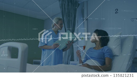 Standing nurse checking chart hospital bed 2, patient holding water glass by curtain, copy space Standing nurse checking chart hospital bed 2, patient holding water glass by curtain, copy space 135821231