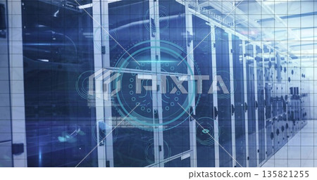 Server rack row showing network cables blinking LEDs under cable trays in data center, HUD graphics 135821255