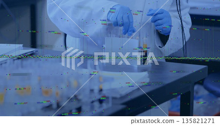 Researcher wearing lab coat and gloves holding test tube on metal lab bench, with glitch artifacts Researcher wearing lab coat and gloves holding test tube on metal lab bench, with glitch artifacts 135821271