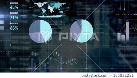 Dashboard overlaying dusk skyline, presenting world map and charts with percentages and trend lines Dashboard overlaying dusk skyline, presenting world map and charts with percentages and trend lines 135821281