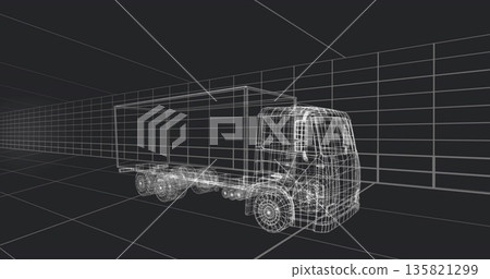 Floating wireframe cargo truck model occupying 3D workspace, with grid floor, walls and ceiling Floating wireframe cargo truck model occupying 3D workspace, with grid floor, walls and ceiling 135821299