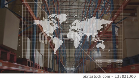 Displaying warehouse aisle flanked by steel racks storing cargo, with map and table overlay Displaying warehouse aisle flanked by steel racks storing cargo, with map and table overlay 135821300