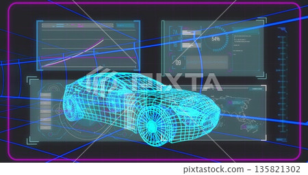 Displaying neon blue wireframe sports car in futuristic virtual interface, with holographic panels 135821302
