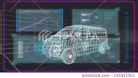 Displaying wireframe van model rotating in holographic interface, with gauge, readouts 7A and 1B 135821303