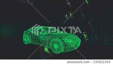 Displaying neon green wireframe sports car in virtual 3D space, with grid planes and floating icons 135821304