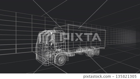 Displaying wireframe box truck model in 3D modeling workspace, showing grid floor walls ceiling 135821305