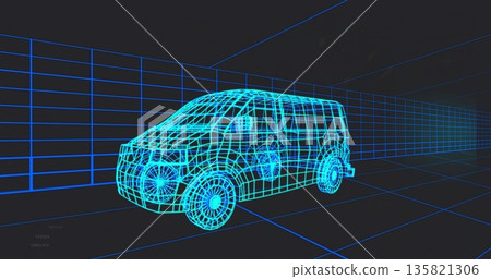 Displaying wireframe van sitting on floor in 3D modeling space, with grid walls and ceiling grids 135821306