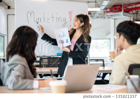 Asian businesswoman holding document pointing pen at marketing plan on board to coworkers in office. 135821337