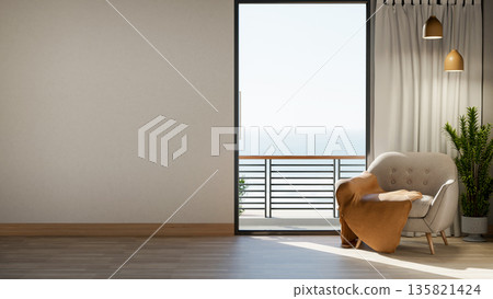 Fabric sofa chair with blanket under lamps and houseplant on wooden floor aside terrace or balcony. Fabric sofa chair with blanket under lamps and houseplant on wooden floor aside terrace or balcony. 135821424