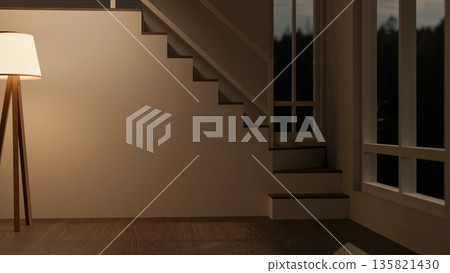 High floor lamp on wooden parquet floor illuminating on a wall and stairs in a dim room or corridor. High floor lamp on wooden parquet floor illuminating on a wall and stairs in a dim room or corridor. 135821430